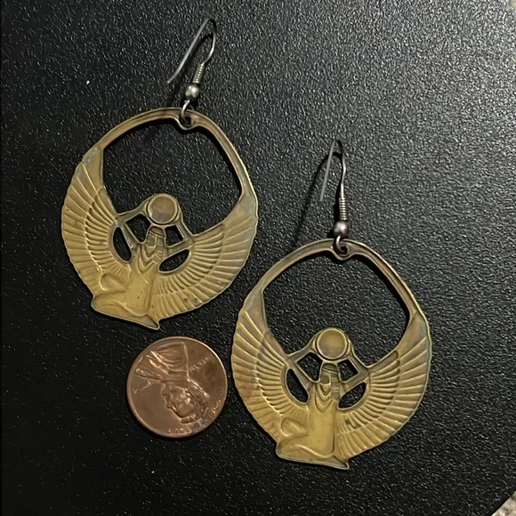 Vintage Art Deco Gold Brass Egyptian Goddess Eye Of Isis Deity Earrings - Picture 11 of 13